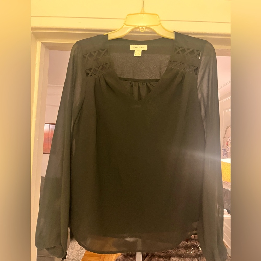 Black Monteau blouse with lattice details and sheer sleeves. Size L